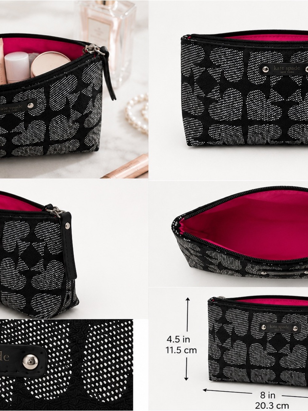 Kate Spade New York Black & White Print Cosmetic Pouch | Red Lining | Zip Makeup - Picture 2 of 7